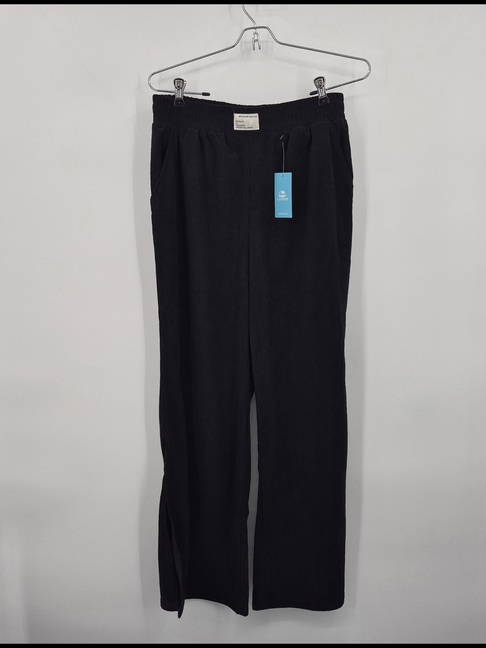 Cupshe Black Corduroy Wide-Leg Pants  Elastic Waist Size Large Side Hem Slit